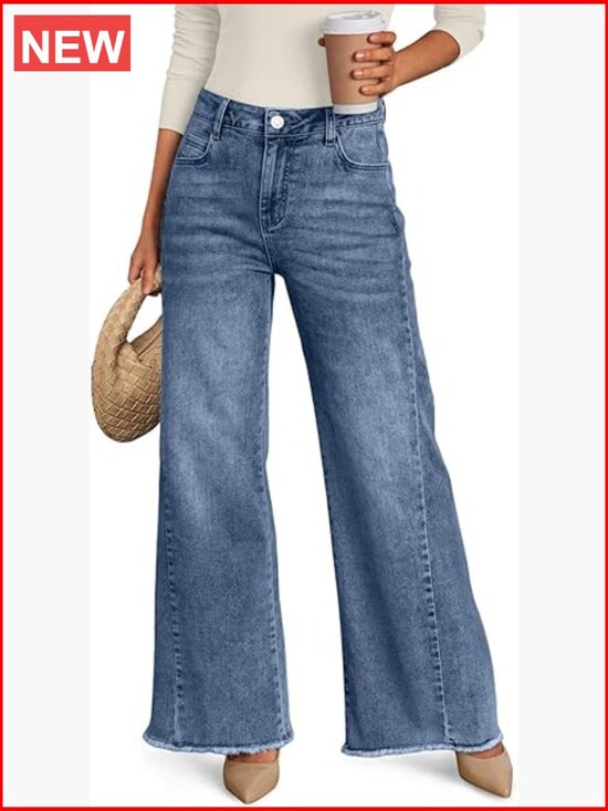 Denim - Wide Leg Jeans Raw Hem Relaxed Fit Denim Button Fly Stretch Waist